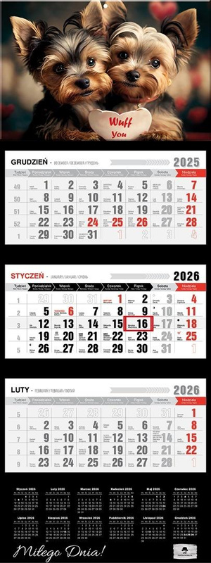 Kalendarz 2026 trójdzielny premium pieski