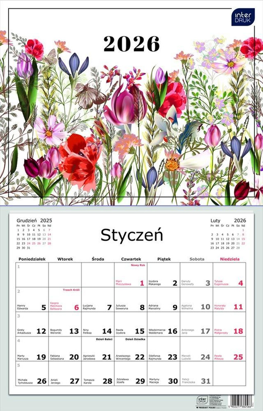 Kalendarz 2026 jednodzielny 32x50cm Kwiaty