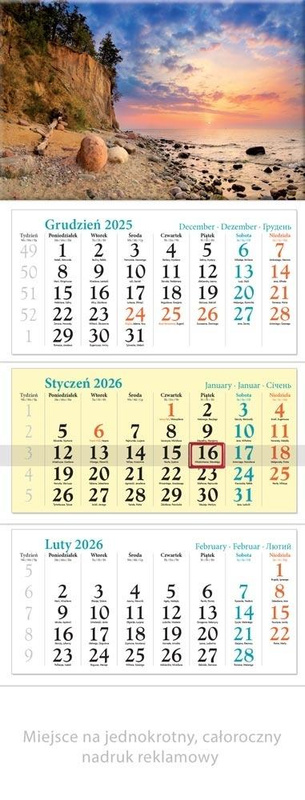 Kalendarz 2026 ścienny trójdzielny Bałtyk