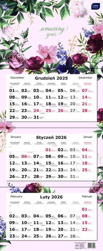 Kalendarz 2026 trójdzielny 82,5x34cm Kwiaty