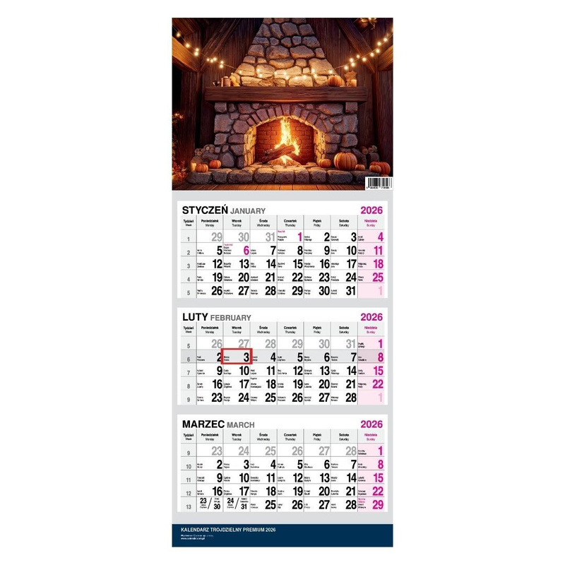 Kalendarz 2026 Trójdzielny Twarda Główka Kominek