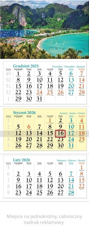 Kalendarz 2026 ścienny trójdzielny Wakacje