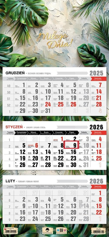 Kalendarz 2026 trójdzielny płaska główka glamour