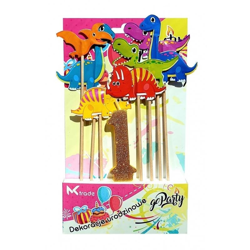 Dekoracja urodzinowa świeczka i dinozaury 8szt