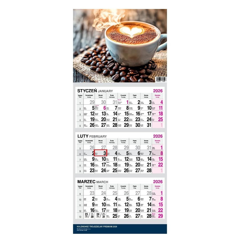 Kalendarz 2026 Trójdzielny Twarda Główka Kawa