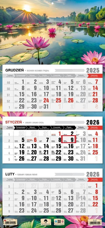 Kalendarz 2026 trójdzielny płaska główka jezioro