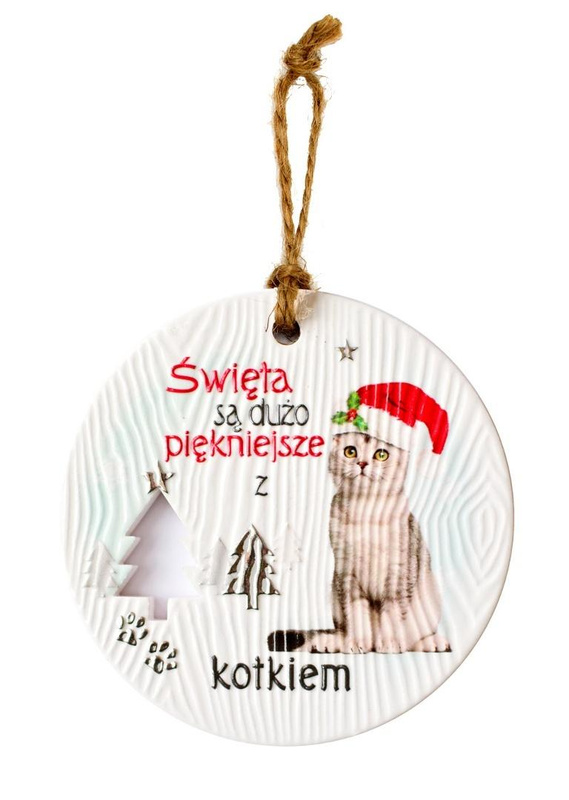Zawieszka ceramiczna Boże Narodzenie kot biały