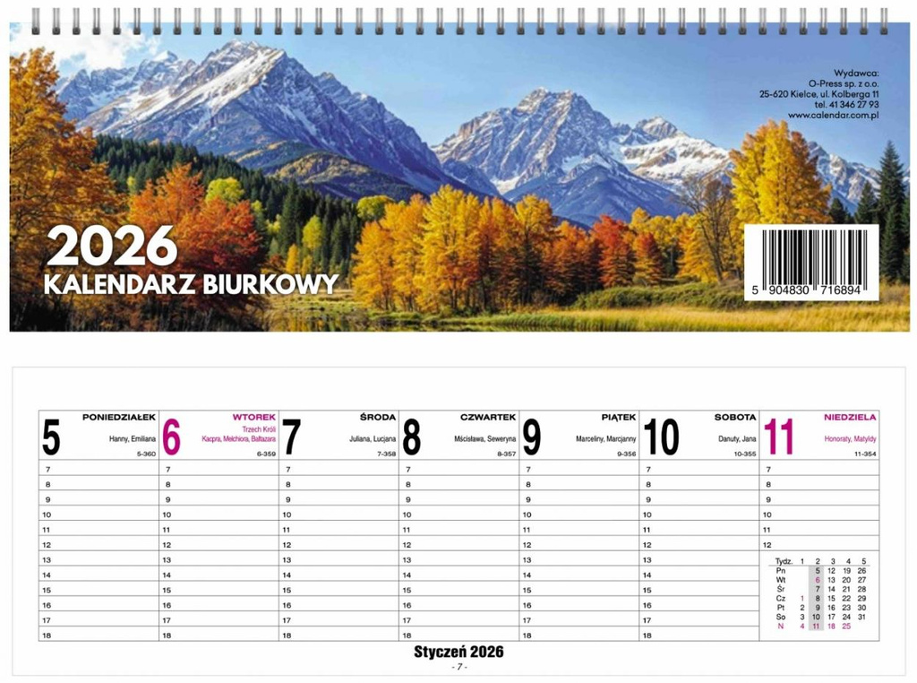 Kalendarz 2026 Biurkowy Tygodniowy 29x10cm