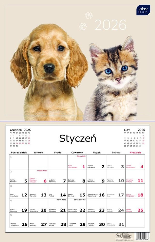 Kalendarz 2026 jednodzielny 32x50cm Zwierzaki