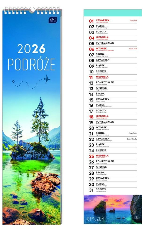 Kalendarz 2026 paskowy 13,5x50cm Podróże