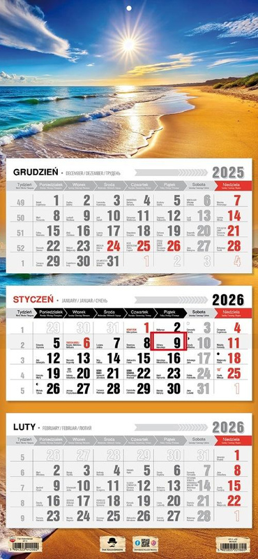 Kalendarz 2026 trójdzielny płaska główka morze