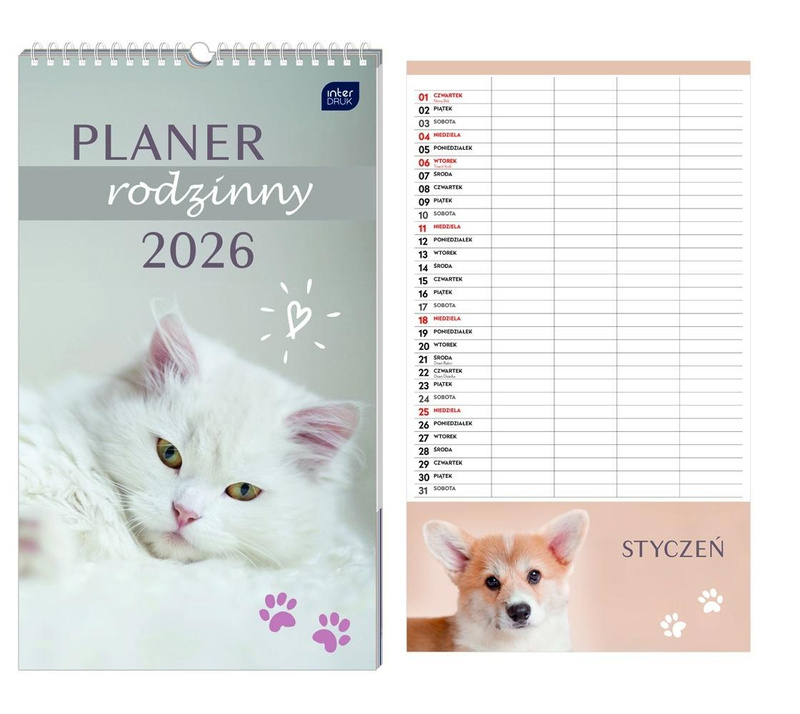 Kalendarz 2026 planner rodzinny 25x43 Zwierzaki
