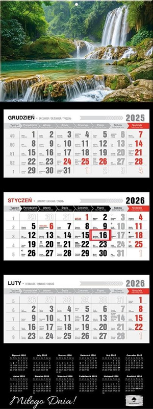 Kalendarz 2026 trójdzielny premium wodospad