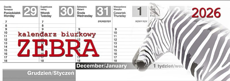 Kalendarz 2026 biurkowy Zebra