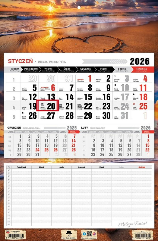 Kalendarz 2026 jednodzielny z planem zajęć plaża