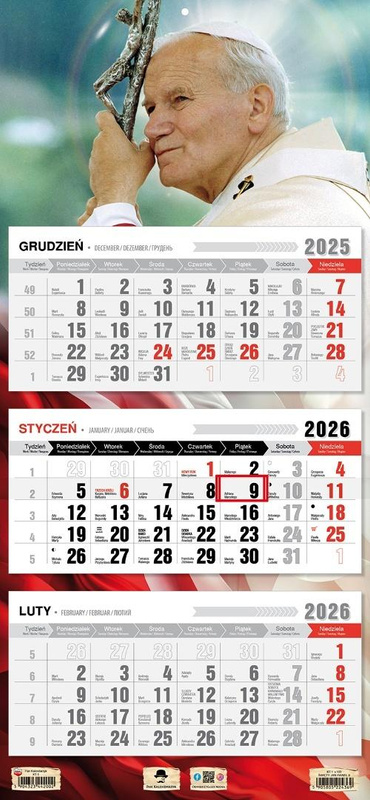 Kalendarz 2026 trójdzielny płaska główka JP II