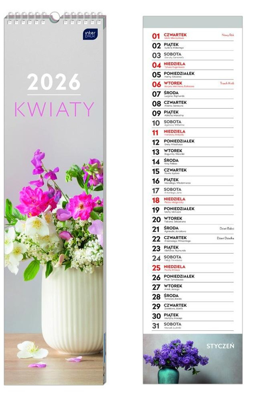 Kalendarz 2026 paskowy 13,5x50cm Kwiaty