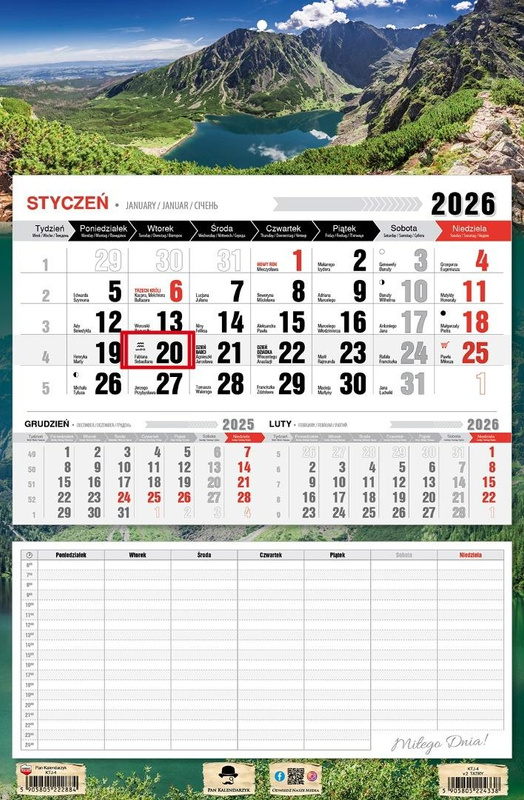 Kalendarz 2026 jednodzielny z planem zajęć Tatry