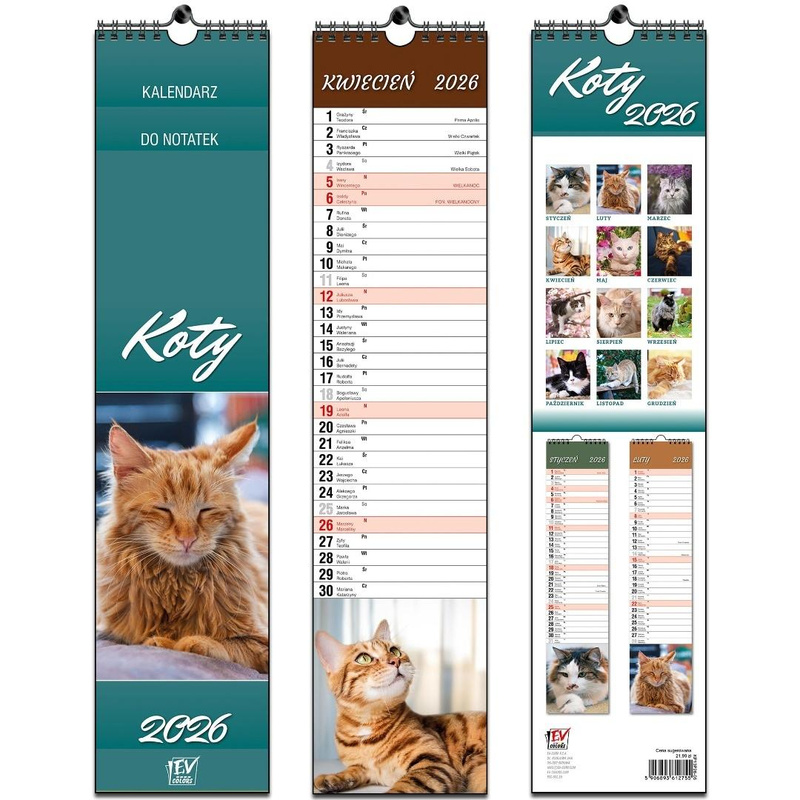Kalendarz 2026 paskowy 13 planszowy Koty