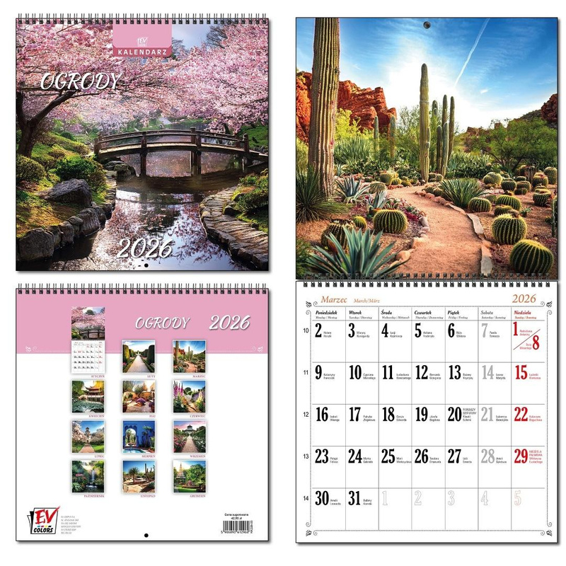 Kalendarz 2026 30x60 13 planszowy Ogrody