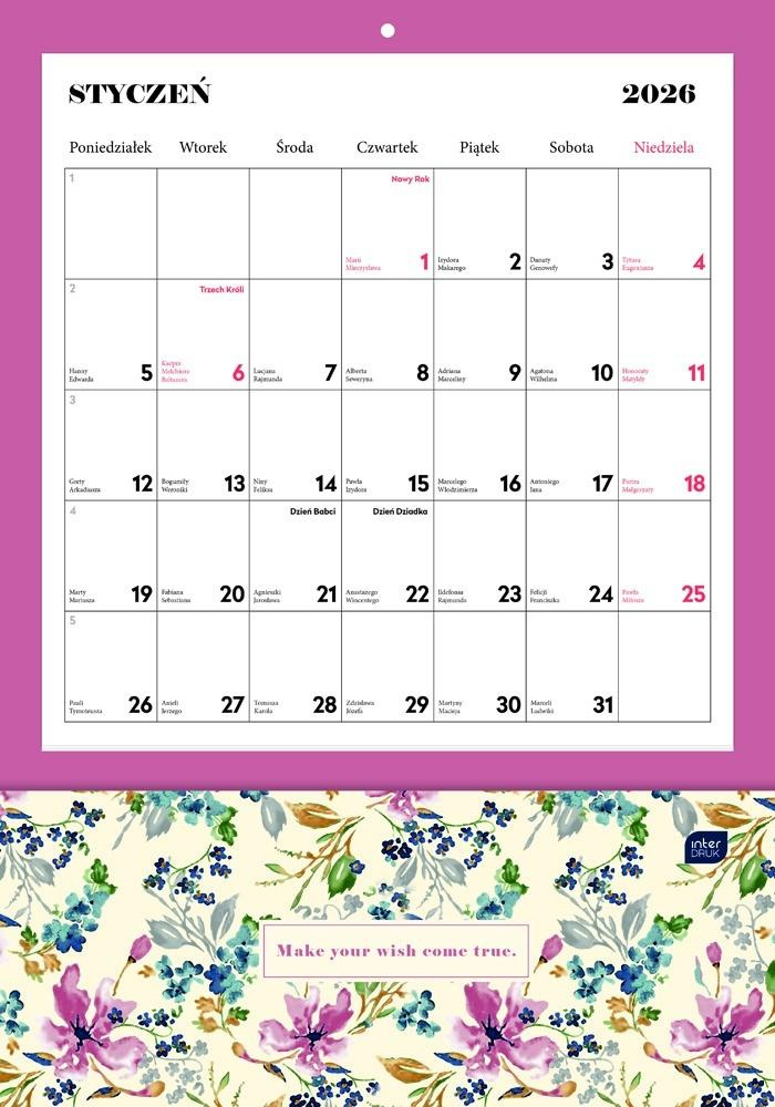 Kalendarz 2026 ścienny z kieszonką 28x40cm Blossom