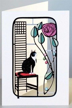 Karnet MC01 wycinany + koperta Kot na krześle róża